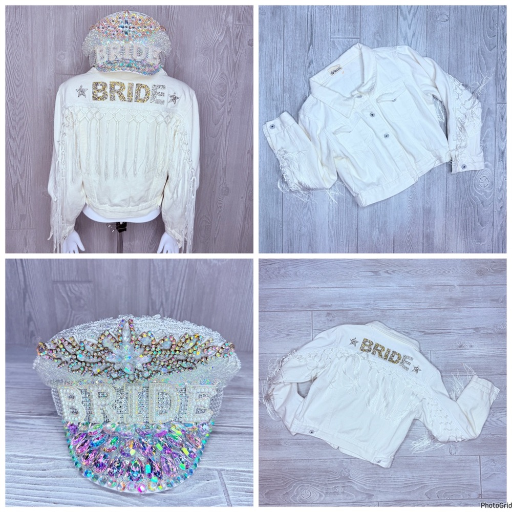 Wedding bachelorette bride rhinestone denim white fringe jacket / rhinestone hat